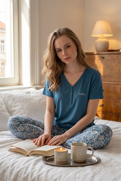 Damla Yaka Yarım Düğmeli Pijama Takımı Mavi-512276