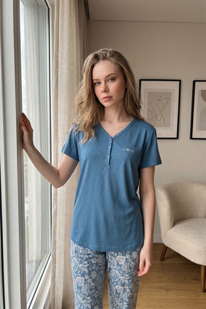 Damla Yaka Yarım Düğmeli Pijama Takımı Mavi-512276