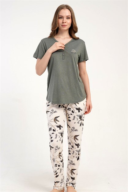 Damla Yaka Yarım Düğmeli Pijama Takımı Gri-512226