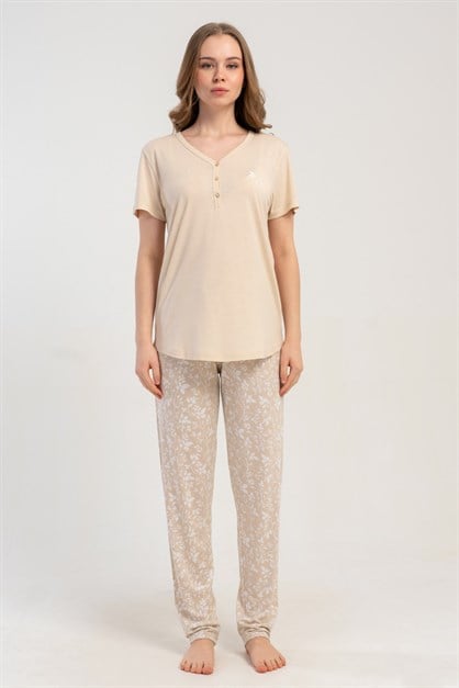Damla Yaka Yarım Düğmeli Pijama Takımı Bej-512182
