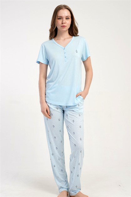 Damla Yaka Yarım Düğmeli Pijama Takımı Açık Mavi-512230