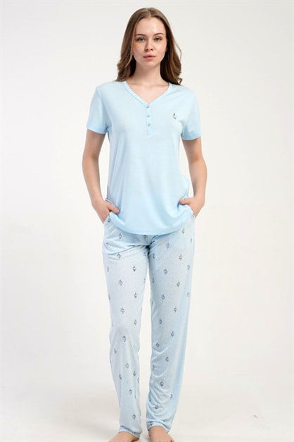 Damla Yaka Yarım Düğmeli Pijama Takımı Açık Mavi-512230