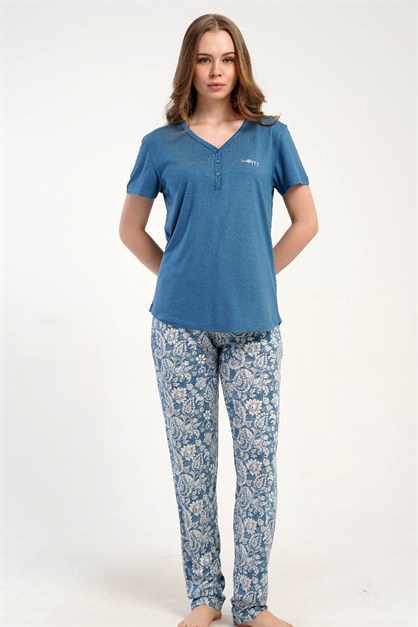 Damla Yaka Yarım Düğmeli Pijama Takımı Mavi-512276