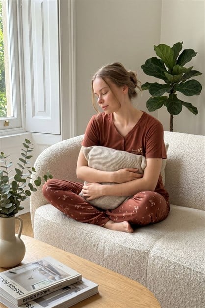 Damla Yaka Yarım Düğmeli Pijama Takımı Kiremit-512242