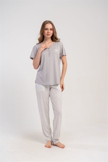 Damla Yaka Yarım Düğmeli Pijama Takımı Gri-512222