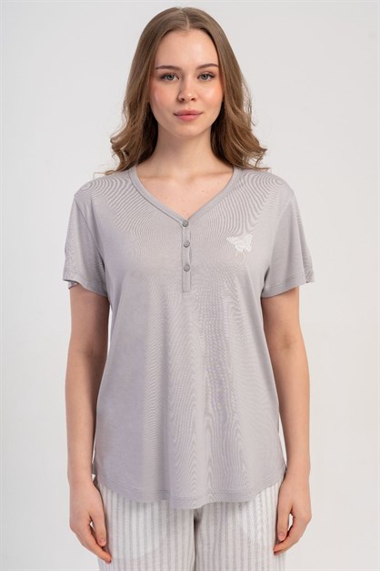 Damla Yaka Yarım Düğmeli Pijama Takımı Gri-512222