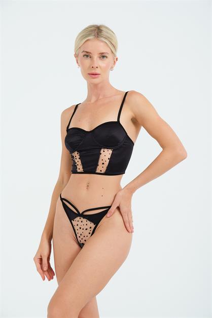 C&City Dantel Detay Fantezi Crop Bustiyer Takım 6506 Siyah