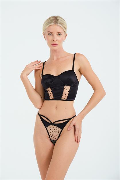 C&City Dantel Detay Fantezi Crop Bustiyer Takım 6506 Siyah