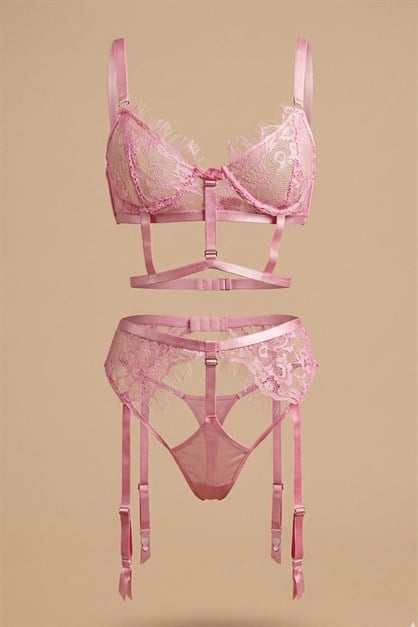 Dantel Detay Jartiyer Set Pembe