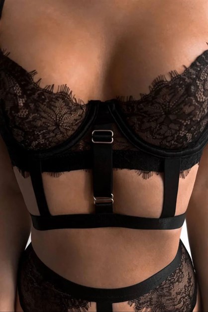 Dantel Detay Jartiyer Set Siyah