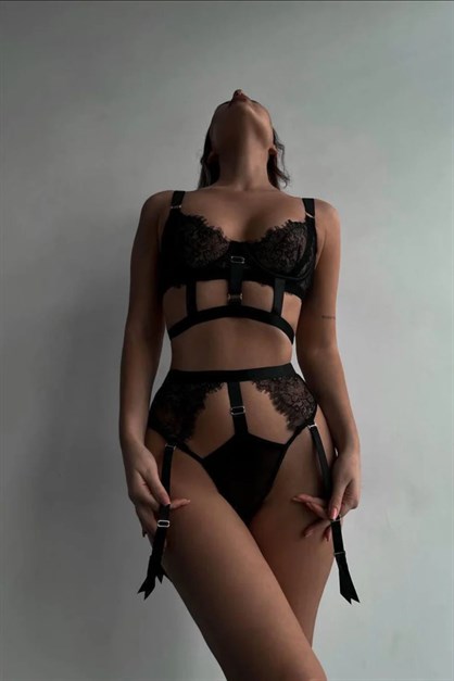 Dantel Detay Jartiyer Set Siyah