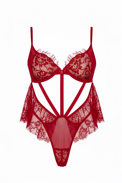 Dantel Detaylı Bodysuit Kırmızı