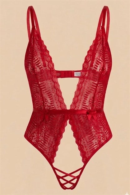 Derin Dekolte Detaylı Bodysuit Kırmızı