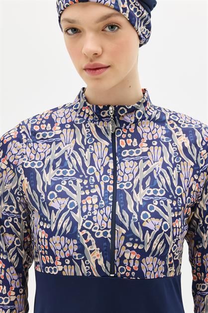 Patterned 4-Piece Modest Swimwear Set - Zippered Full Coverage Burkini 1310 