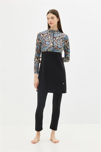 Patterned 4-Piece Modest Swimwear Set - Zippered Full Coverage Burkini 1310 