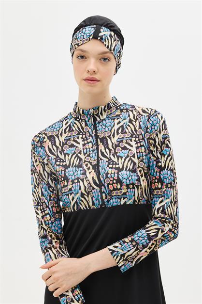 Patterned 4-Piece Modest Swimwear Set - Zippered Full Coverage Burkini 1310 