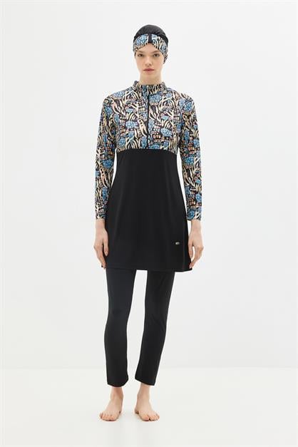 Patterned 4-Piece Modest Swimwear Set - Zippered Full Coverage Burkini 1310 