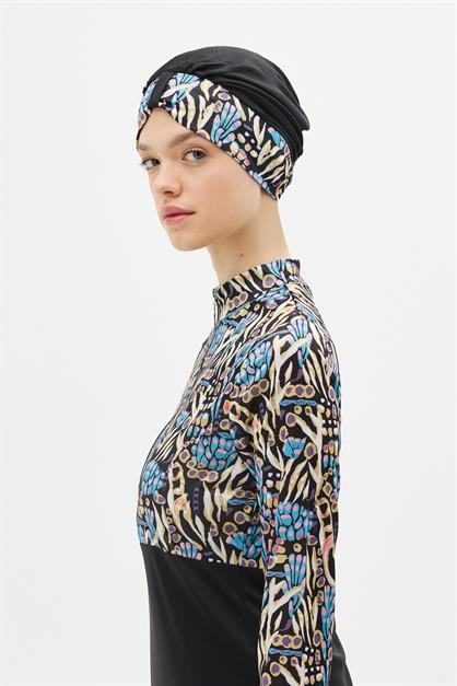Patterned 4-Piece Modest Swimwear Set - Zippered Full Coverage Burkini 1310 