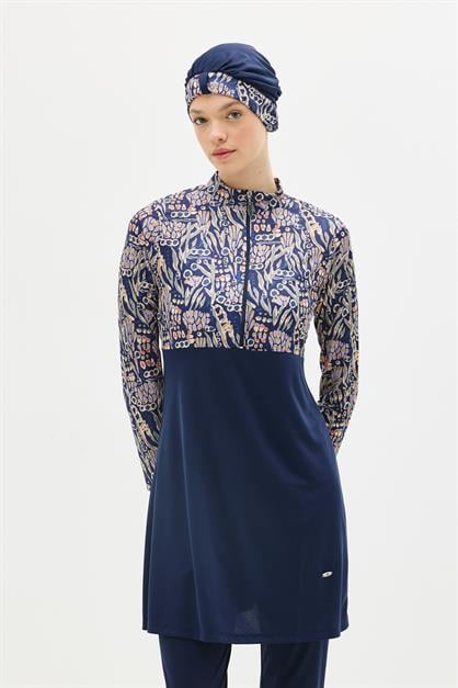 Patterned 4-Piece Modest Swimwear Set - Zippered Full Coverage Burkini 1310 