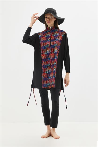 Solid Black 4-Piece Modest Swimwear Set with Long Tunic - Full Coverage Burkini - Style 6056