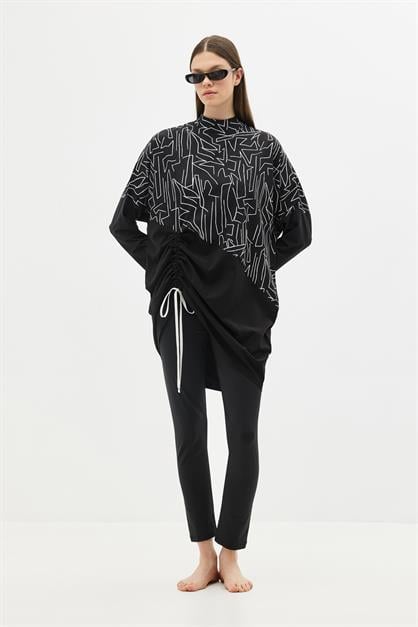 Solid Black 4-Piece Modest Swimwear Set with Long Tunic - Full Coverage Burkini - Style 6056