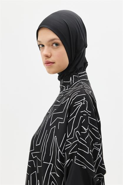 Solid Black 4-Piece Modest Swimwear Set with Long Tunic - Full Coverage Burkini - Style 6056