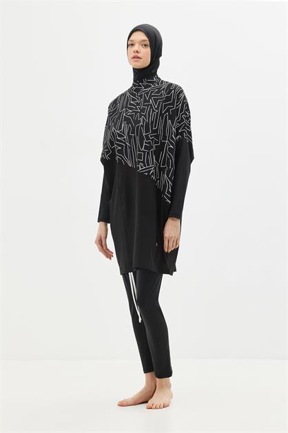 Solid Black 4-Piece Modest Swimwear Set with Long Tunic - Full Coverage Burkini - Style 6056