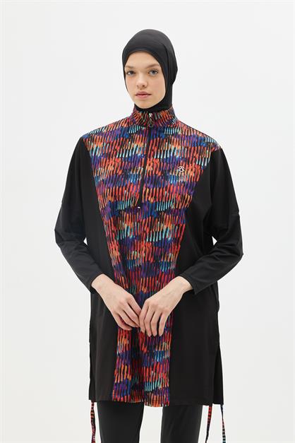 Solid Black 4-Piece Modest Swimwear Set with Long Tunic - Full Coverage Burkini - Style 6056