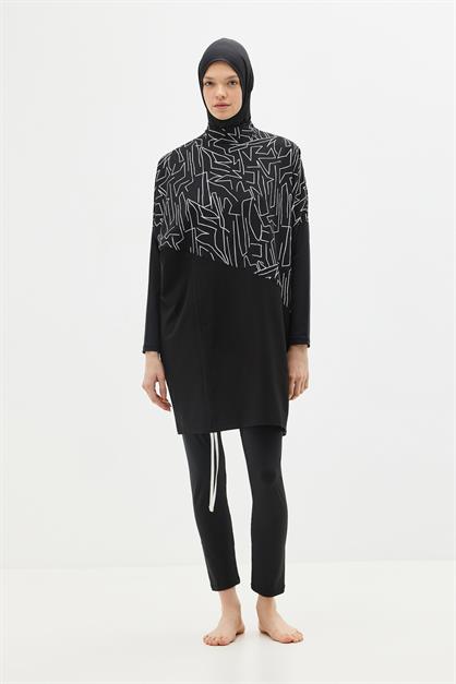 Solid Black 4-Piece Modest Swimwear Set with Long Tunic - Full Coverage Burkini - Style 6056