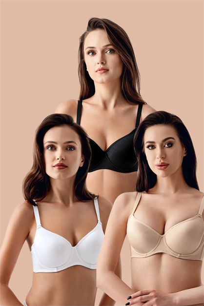 3lü Paket Dolgusuz Yumuşak Kaplı Örme Sütyen C37900 Siyah/Beyaz/Ten
