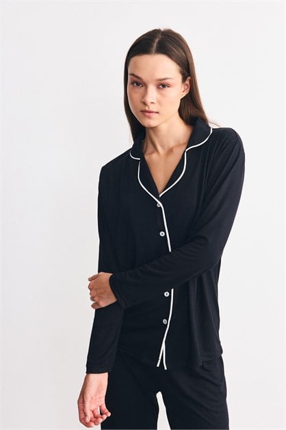 Düğmeli Gömlek Yaka Pijama Takımı Siyah