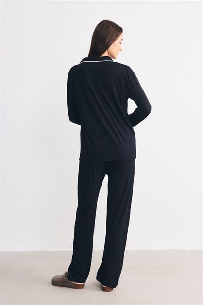 Düğmeli Gömlek Yaka Pijama Takımı Siyah