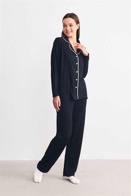 Düğmeli Gömlek Yaka Pijama Takımı Siyah
