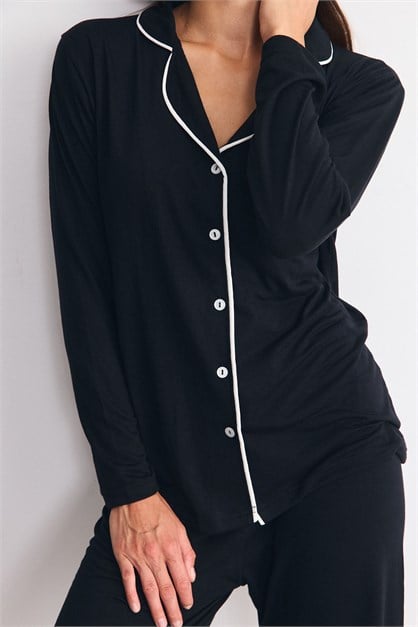 Düğmeli Gömlek Yaka Pijama Takımı Siyah