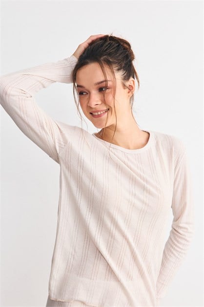 Fitilli Dokulu Yumuşak Pijama Takımı Bej