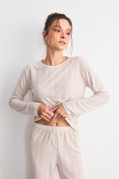 Fitilli Dokulu Yumuşak Pijama Takımı Bej