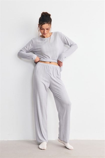 Fitilli Dokulu Yumuşak Pijama Takımı Lila
