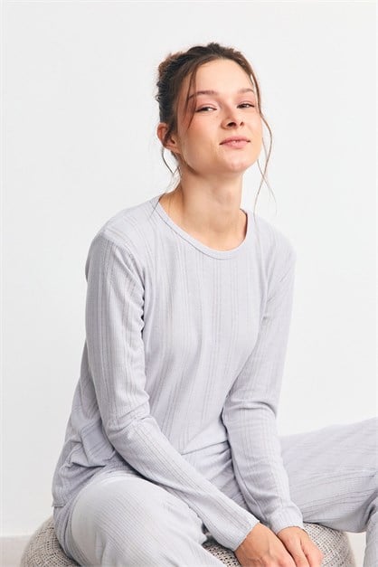 Fitilli Dokulu Yumuşak Pijama Takımı Lila