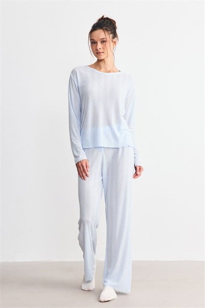 Fitilli Dokulu Yumuşak Pijama Takımı Mavi