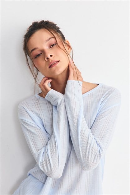 Fitilli Dokulu Yumuşak Pijama Takımı Mavi