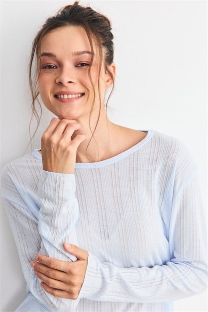 Fitilli Dokulu Yumuşak Pijama Takımı Mavi