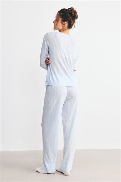 Fitilli Dokulu Yumuşak Pijama Takımı Mavi