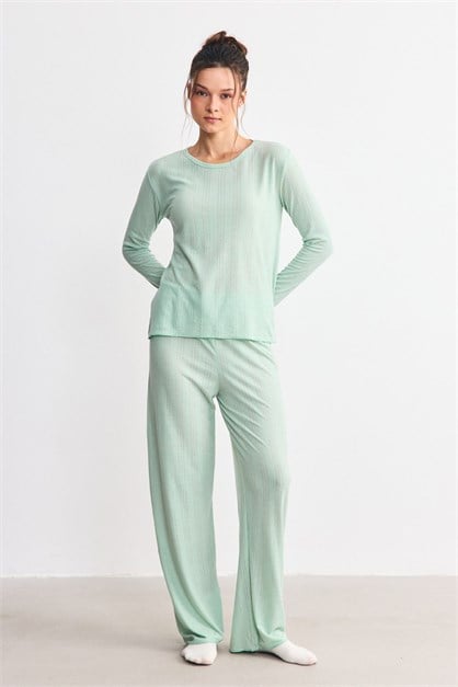 Fitilli Dokulu Yumuşak Pijama Takımı Yeşil