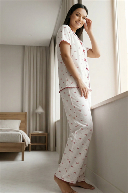 Fiyonk Detay Yumuşak Kısa Kol Pijama Takım Fiyonk