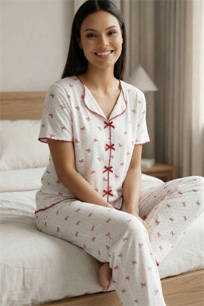 Fiyonk Detay Yumuşak Kısa Kol Pijama Takım Fiyonk