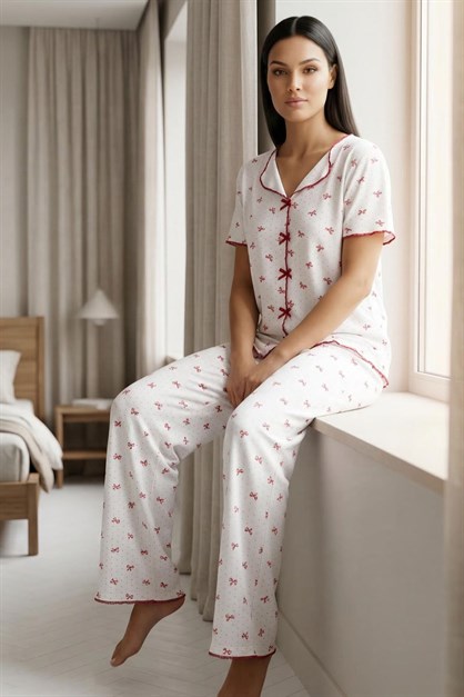 Fiyonk Detay Yumuşak Kısa Kol Pijama Takım Fiyonk