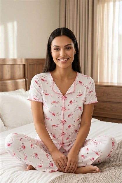 Fiyonk Detay Yumuşak Kısa Kol Pijama Takım Flamingo