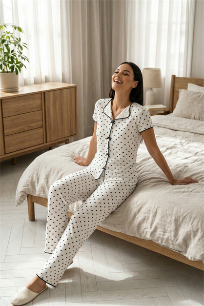 Fiyonk Detay Yumuşak Kısa Kol Pijama Takım Siyah Kalp