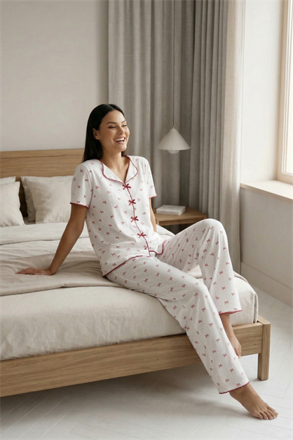 Fiyonk Detay Yumuşak Kısa Kol Pijama Takım Fiyonk