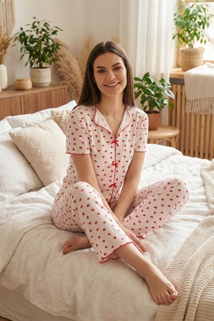Fiyonk Detay Yumuşak Kısa Kol Pijama Takım Çilek